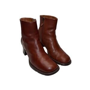 Timberland Women's Brown Leather Ankle Boots Size 6.5 Block Heel Side Zip Cognac